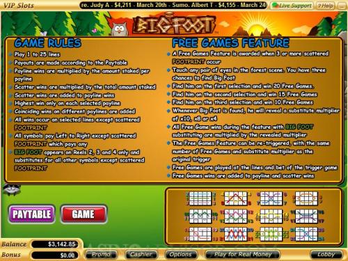 Big Foot payout table