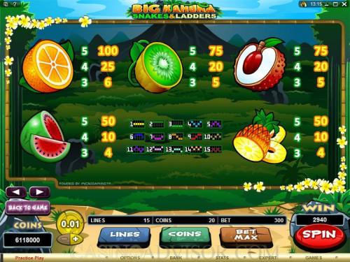 Big Kahuna: Snakes & Ladders payout table