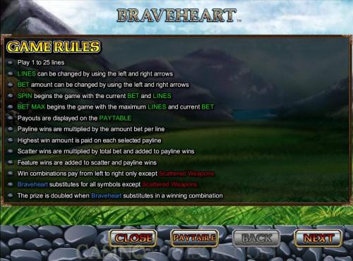 Braveheart payout table
