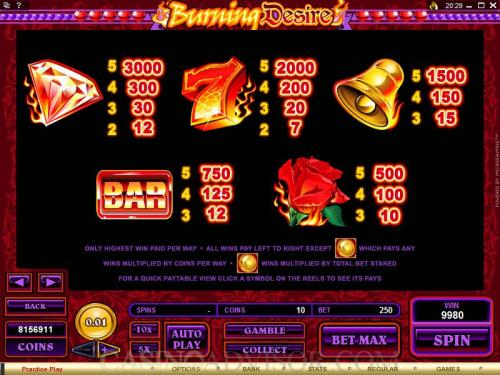 Burning Desire payout table