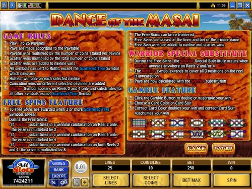 Dance of the Masai payout table