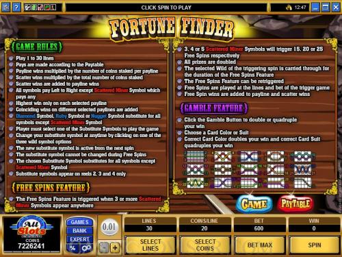 Fortune Finder payout table