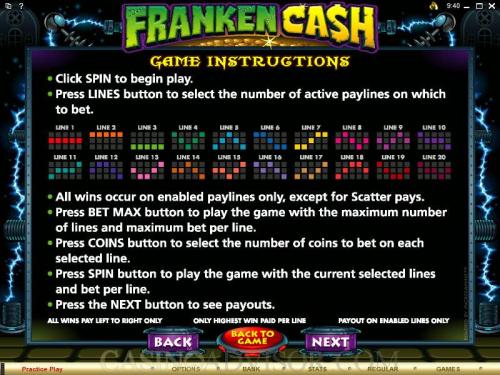 Franken Cash payout table