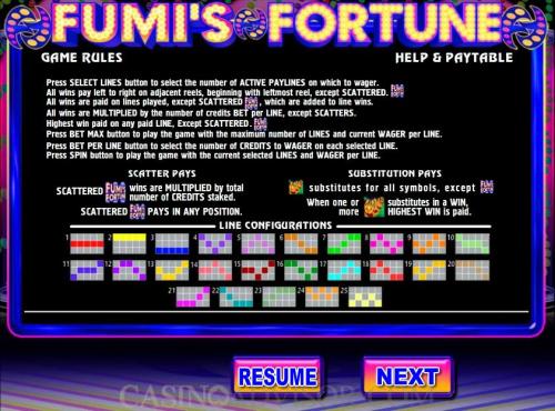 Fumi's Fortune payout table
