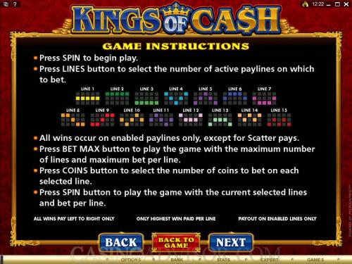 Kings of Cash payout table