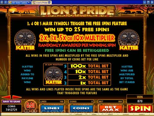 Lion's Pride payout table