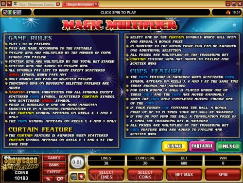 Magic Multiplier payout table
