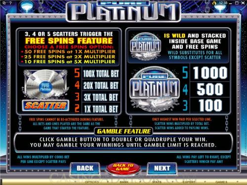 Pure Platinum payout table