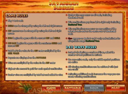 Savannah Sunrise payout table
