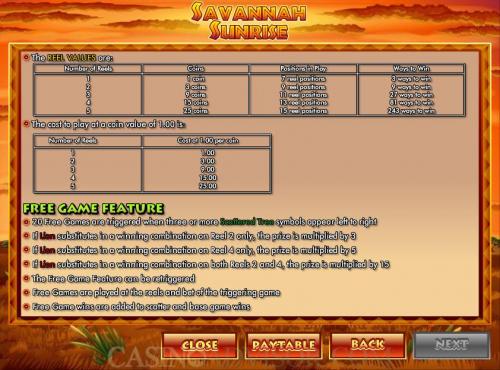Savannah Sunrise payout table