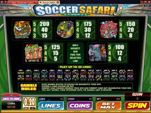 Soccer Safari payout table